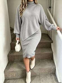 Weeklong Plus Size Women's Oatmeal Ribbed Knit Two Pieces Set, High Neck Lantern Sleeve Asymmetrical Cover Up + Bodycon Skirt, Soft Style, Date Night, Party, Daily Commute Outfit - Grey - View 4