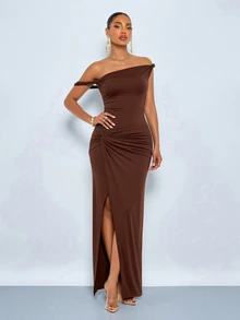 SOLERSUN Autumn/Winter Women's Party Dress, Brown Elastic Fabric, Asymmetrical Shoulder Twisted Knot, Hip Ruched Twist, Front Side Slit, Extra Long Dress - Coffee Brown - View 3