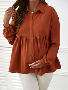 SHEIN 孕婦純色百褶休閒日常長袖上衣 - 紅木色 - 查看 2
