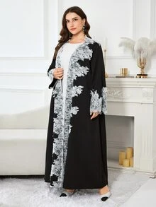 Al Najma Minimalist Casual Solid Color Lace Trim Long Sleeve Loose Regular Fit Spring Autumn Plus Size Abaya - Black - View 4