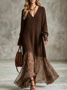 Breezaya Women's V-Neck Long Sleeve Patchwork Floral Print Asymmetric Hem Fashion Dress - Brown - View 8