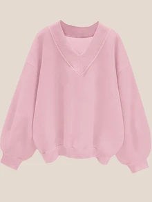 SHEIN EZwear 休閒極簡風粉色女款V領寬鬆大版運動衫，適合秋冬穿著的秋季衛衣 - 粉色 - 查看 1