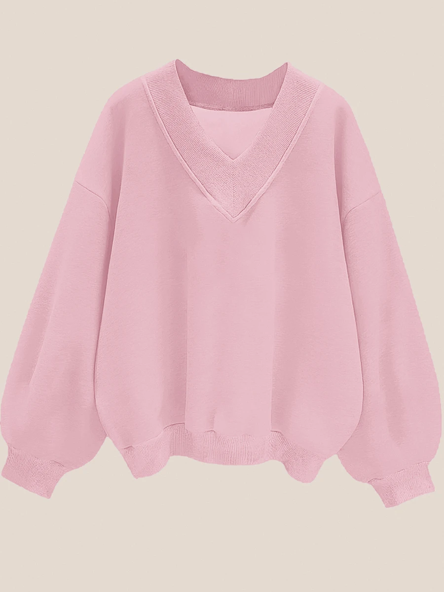 SHEIN EZwear 休閒極簡風粉色女款V領寬鬆大版運動衫,適合秋冬穿著的秋季衛衣 - 粉色 - 查看 1