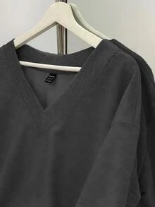 SHEIN EZwear 休閒極簡深灰色女款V領寬鬆大版型運動衫，適合秋冬穿著的秋季運動衫 - 深灰色 - 查看 6