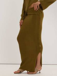MUSEYN Green Knit Folded Waisted Button Maxi Skirt Versatile Everyday Casual Date Night Fall - Green - View 3