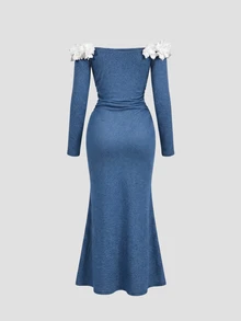 SHEIN MOD Women's 3D Floral Decor Off-Shoulder Long Sleeve Fitted Elegant Denim Dress - Blue - View 4