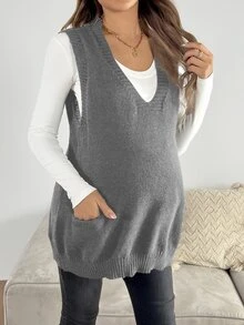 SHEIN سترة محبوكة بلون موحد للارتداء اليومي العادي للحوامل - رمادي - مشاهدة 4