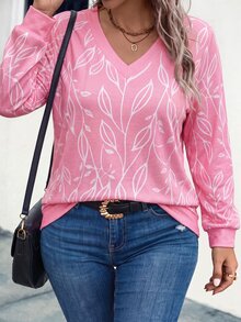 SHEIN LUNE Plus Size Daily Leaf Print Long Sleeve V-Neck Sweatshirt - Multicolor - View 3