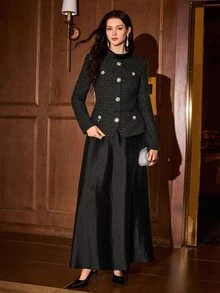 MOTF PREMIUM AUTUMN/WINTER WOMEN'S 2 IN 1 CINCHED WAIST FLARED TEXTURED MICRO-SHIMMER PATCHWORK LONG DRESS - Black - View 5