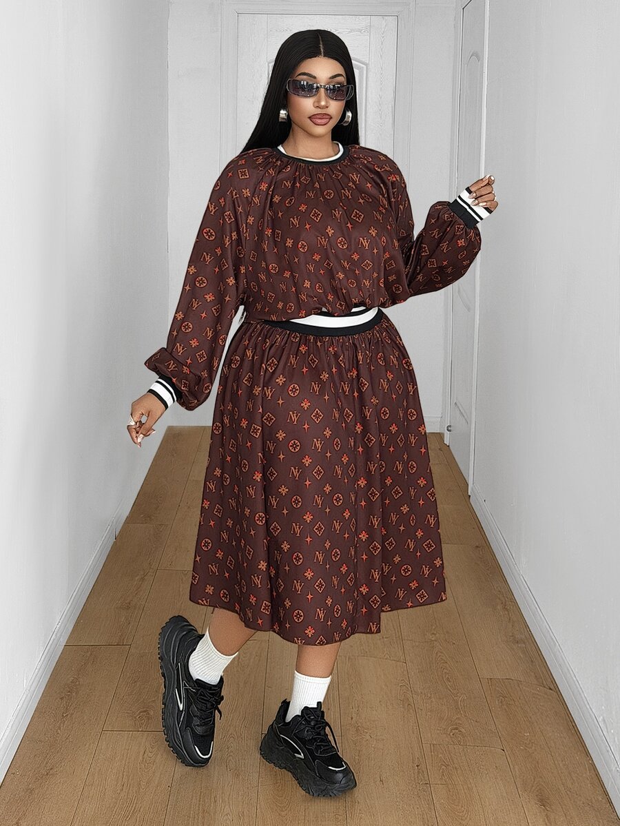 Maweii Plus Size Women's Brown Vintage All-Over Logo Print New Fashion Round Neck Long Sleeve Mid-Length Commuter Dress - Multicolor - View 1
