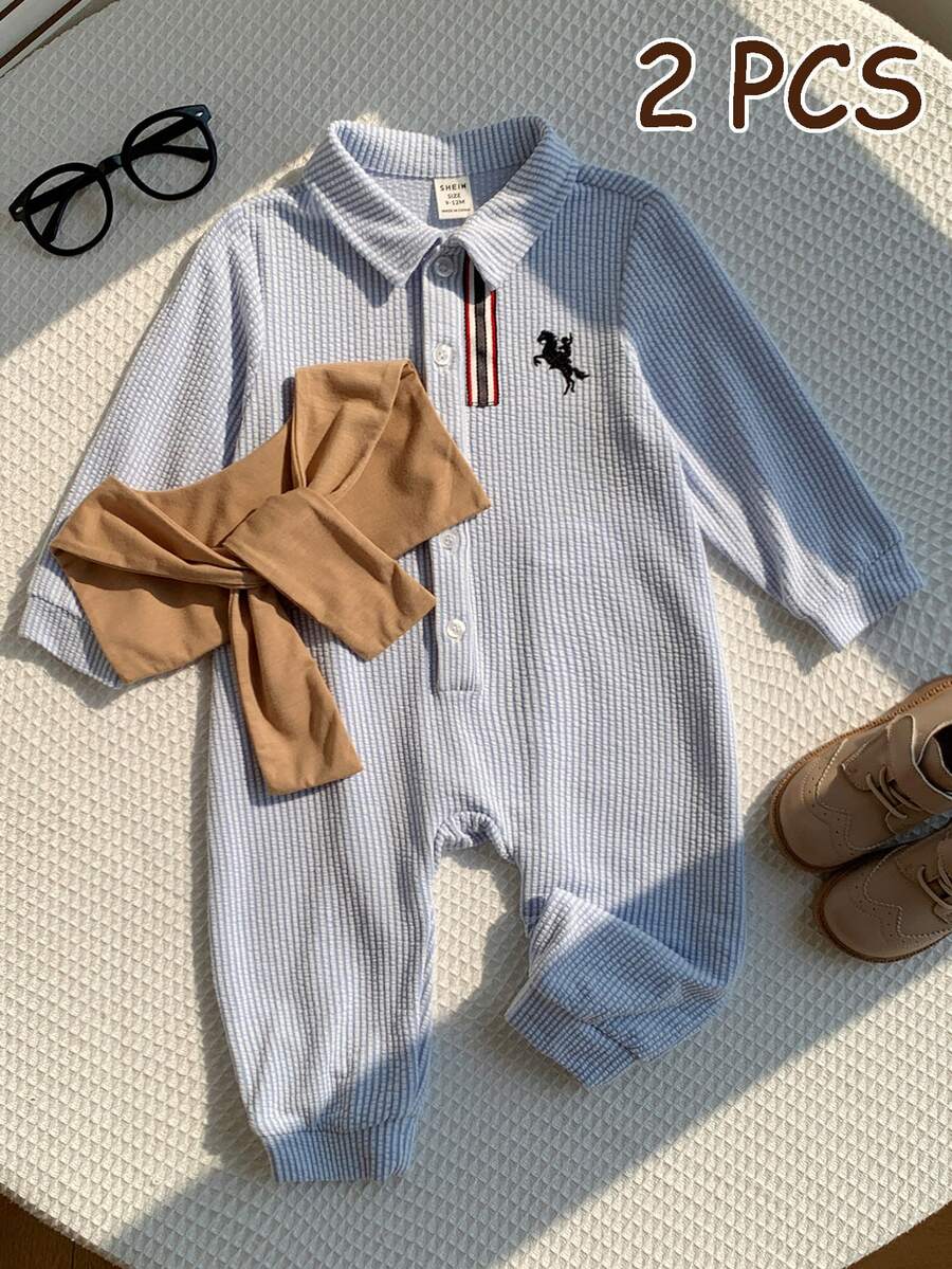 SHEIN 中性嬰兒男/女嬰、幼兒 2件組秋冬抓絨加厚可愛學院風藍白條紋連身衣與棕色披肩,嬰兒冬季連身衣套裝,聖誕 - 藍色 - 查看 1