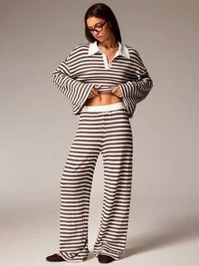 Athîral Women's Striped Drop Shoulder Long Sleeve T-Shirt And Pants Casual 2 Pieces Set - Multicolor - View 4