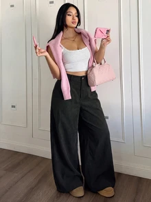 SHEIN PETITE CURVE 純色休閒極簡寬鬆舒適長褲 - 黑色 - 查看 5