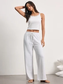 Ocili Grey Sweatshirt Pants Camisole Comfortable Cotton Top Lace Ruffle Wave Edge Cami Long Pants Women Loungewear Set - Light Grey - View 2