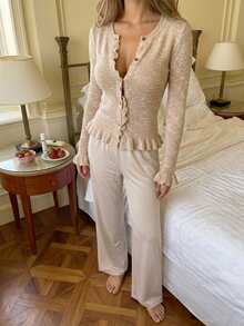 Livesso Women's Solid Color Long Sleeve Top And Pants Casual Daily Loungewear Set - Apricot - View 10