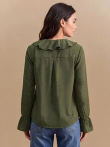 CielaLinda 女款橄欖綠荷葉邊波希米亞風襯衫，柔美長袖上衣 - 軍綠色 - 查看 2