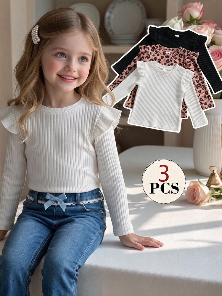 Genkimix Kids 3pcs Set Girls Toddler Autumn/Winter Fashion Leopard Print + Classic Solid Black & Pink Cap Sleeve Long Sleeve T-Shirts, Versatile Round Neck Base Layer Combo Pack - Multicolor - View 3