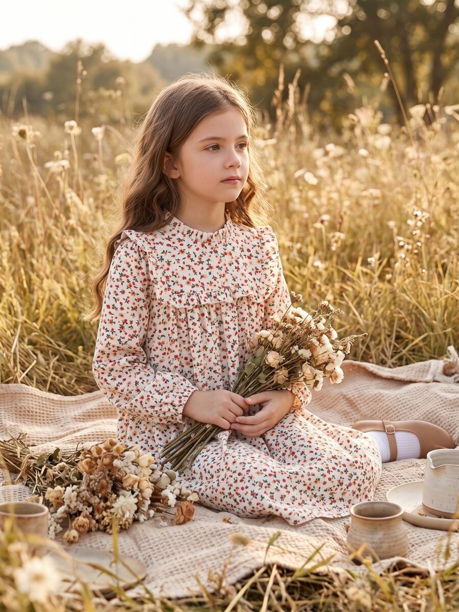 SHEIN Vintaside Kids 少女秋季棉質洋裝 小碎花數位印花 荷葉領長袖 田園風 - 彩色 - 查看 1