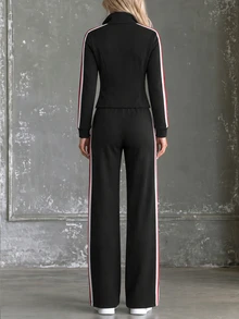 SHEIN Women's Spring/Autumn Vintage Sporty Contrast Color Webbing Stand Collar Cotton Top And Pants Set Suitable For Daily Wear, Outings And Parties. - Black - View 2