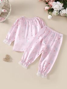 Infant Girl Ditsy Floral Print Pattern 3D Bow Ruffle Trim Cuffs Long Sleeve Pants Satin Set Loungewear - Pink - View 2