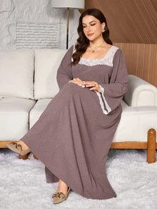 Lacomfia Plus Size Women's Contrast Lace Square Neck Long Sleeve Elegant Dress - Pink - View 5
