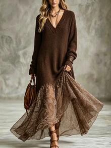 Breezaya Women's V-Neck Long Sleeve Patchwork Floral Print Asymmetric Hem Fashion Dress - Brown - View 4