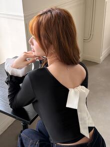 K-Vae 露背蝴蝶結性感撩人T恤 - 黑色 - 查看 3