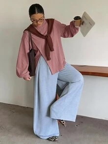 Dazy Plus Small Round Neck Solid Color Casual Versatile Side Slit Design Long Sleeve White Spring Summer Autumn T-Shirt - Pink - View 1