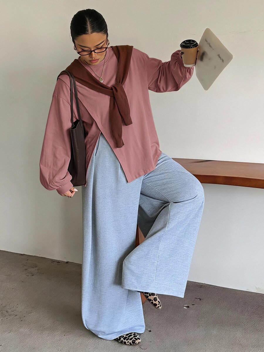 Dazy Plus Small Round Neck Solid Color Casual Versatile Side Slit Design Long Sleeve White Spring Summer Autumn T-Shirt - Pink - View 1