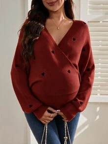 SHEIN 孕婦哺乳心形刺繡優雅長袖針織衫 - 紅木色 - 查看 3