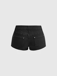 ROMWE Women's Dark Gothic Thorn Vine Rose Embroidery Denim Mini Shorts - Black - View 2