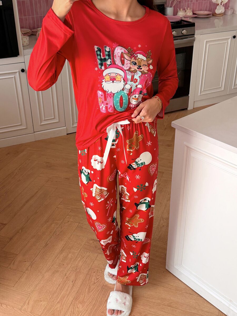 SweetSlumber Women's Cartoon Print Long Sleeve Top And Pants Pajama Set - Red - View 1