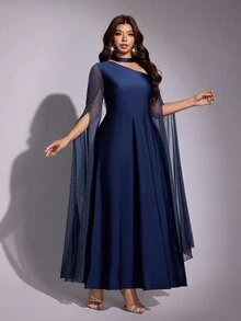 Viva Relle Plus Size Women's Halter Neck Sequin Sleeve Waist-Cinching Slimming Dress For Party, Autumn/Winter - Royal Blue - View 7