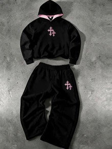 Teen Boy Cross Pattern Hoodie And Pants Casual Daily Outfit - Multicolor - View 1