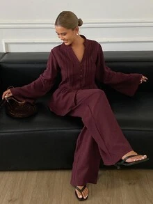 Dazy Tall Women's Solid Color Pleated Long Sleeve Top And Pants Casual Daily 2 Pieces Set - Burgundy - View 5