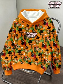 LOONEY TUNES X SHEIN Daypath Men's Halloween Letter Cartoon Print Long Sleeve Hoodie - Orange - View 1