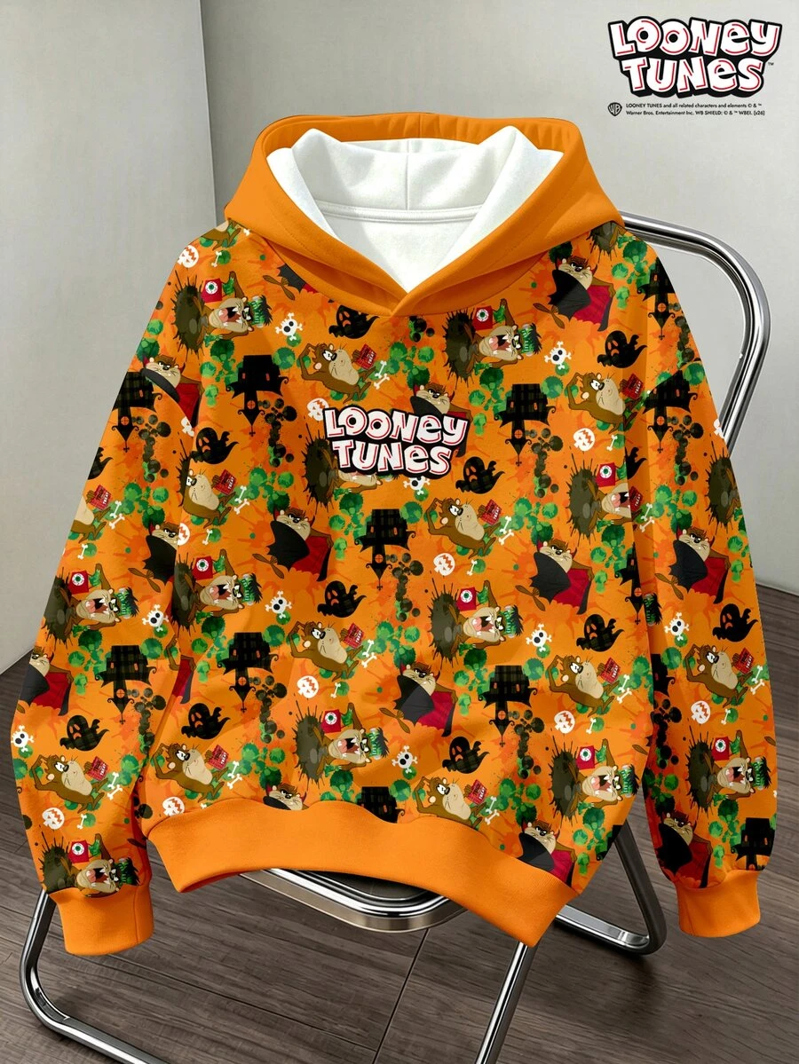 LOONEY TUNES X SHEIN Daypath Men's Halloween Letter Cartoon Print Long Sleeve Hoodie - Orange - View 1
