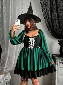 Whyspr 新款時尚哥德式暗黑風萬聖節 Cosplay 黑白條紋元素網格裝飾繫帶設計長袖泡泡袖迷你洋裝蝴蝶結 - 綠色 - 查看 7