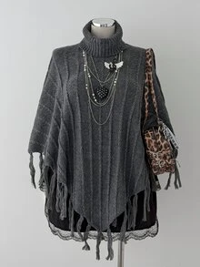 Sunspun Women's Plus Size Dark Tassel High Neck Batwing Sleeve Pullover Sweater - Dark Grey - View 5