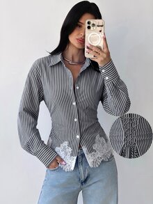 Firerie 女款黑白條紋長袖襯衫，綁帶腰部後背設計，日常通勤辦公商務，修身剪裁，春夏秋季 - 黑色 - 查看 3
