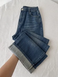 SHEIN Celana Panjang Denim Biru Tua Longgar dengan Lipatan di Bagian Bawah untuk Remaja Perempuan - Biru - View 5