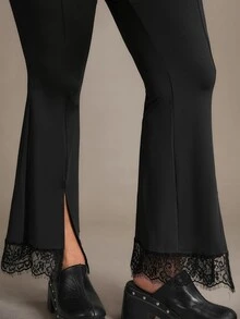 Freevana Plus Size French Lace Patchwork Split Hem Pants - Black - View 7