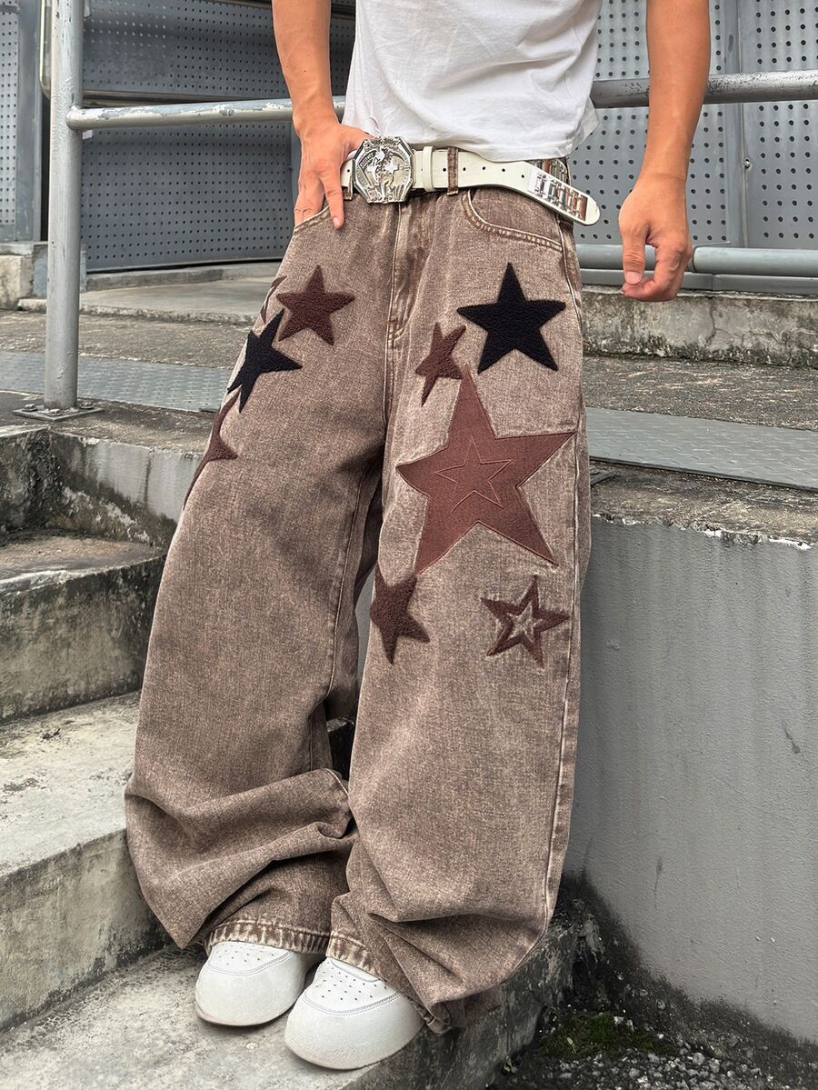 STEELVANCE 街頭風復古時尚百搭做舊水洗刺繡設計寬鬆直筒寬腿休閒牛仔褲（不含腰帶與配件） - 咖啡棕 - 查看 1