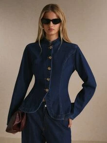 Poéselle Women's Fitted Tailored Denim Jacket With Gold Button Front And Curved Hem, Stand Collar - Dark Wash - View 7