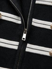 SHEIN 新款春秋拿破崙軍風雙排扣針織背心女款 立領全開襟拉鍊短袖 S - 黑與白 - 查看 6