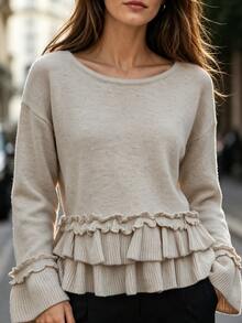 LUMIGAL Gentle Style Round Neck Frill Trim Flared Long Sleeve Multi-Layer Cake Hem Drop Shoulder Pullover Women's Knit Top - Khaki - View 7