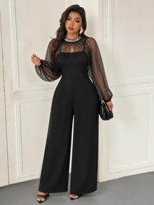 Femmeverse Women Plus Size Elegant Party Tulle Sequin Trim Shawl Strapless Two Pieces Wide Leg Jumpsuit - Black - View 5