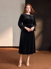MOTF PREMIUM VELVET KNIT BOW BELT FLARED SLEEVE MID-LENGTH DRESS AUTUMN/WINTER - Black - View 6