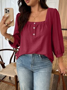 Weeklong Women Plus Size Spring Summer Casual Vacation Square Neck Button Mid Sleeve Solid Color Shirt, Suitable For Daily Wear And Vacation - Burgundy - View 5