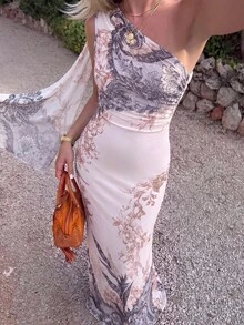 Firerie 女款夏季優雅浪漫時尚通勤性感優雅風不對稱肩修身長洋裝，適合派對、海灘度假、返校、浪漫約會、婚禮季、生日、復活節，春夏季女裝 - 淺粉色 - 查看 10
